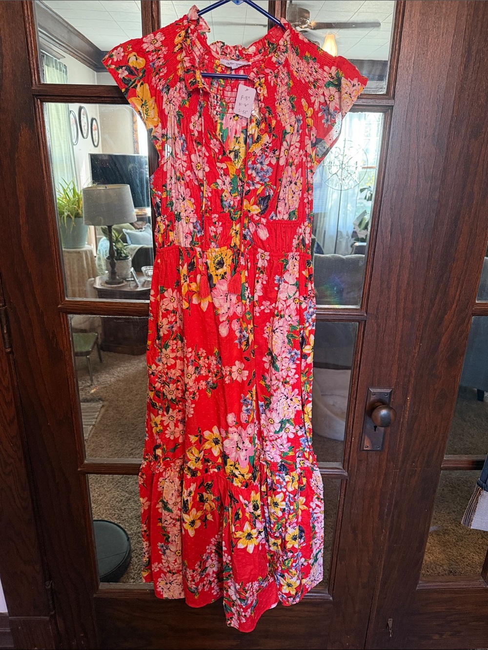 Olivaceous Red Floral Maxi Dress with Pink and Yellow Blooms